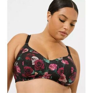 Torrid Women’s 44DDD Dream Wire-Free Bra Roses Skulls Rich Black